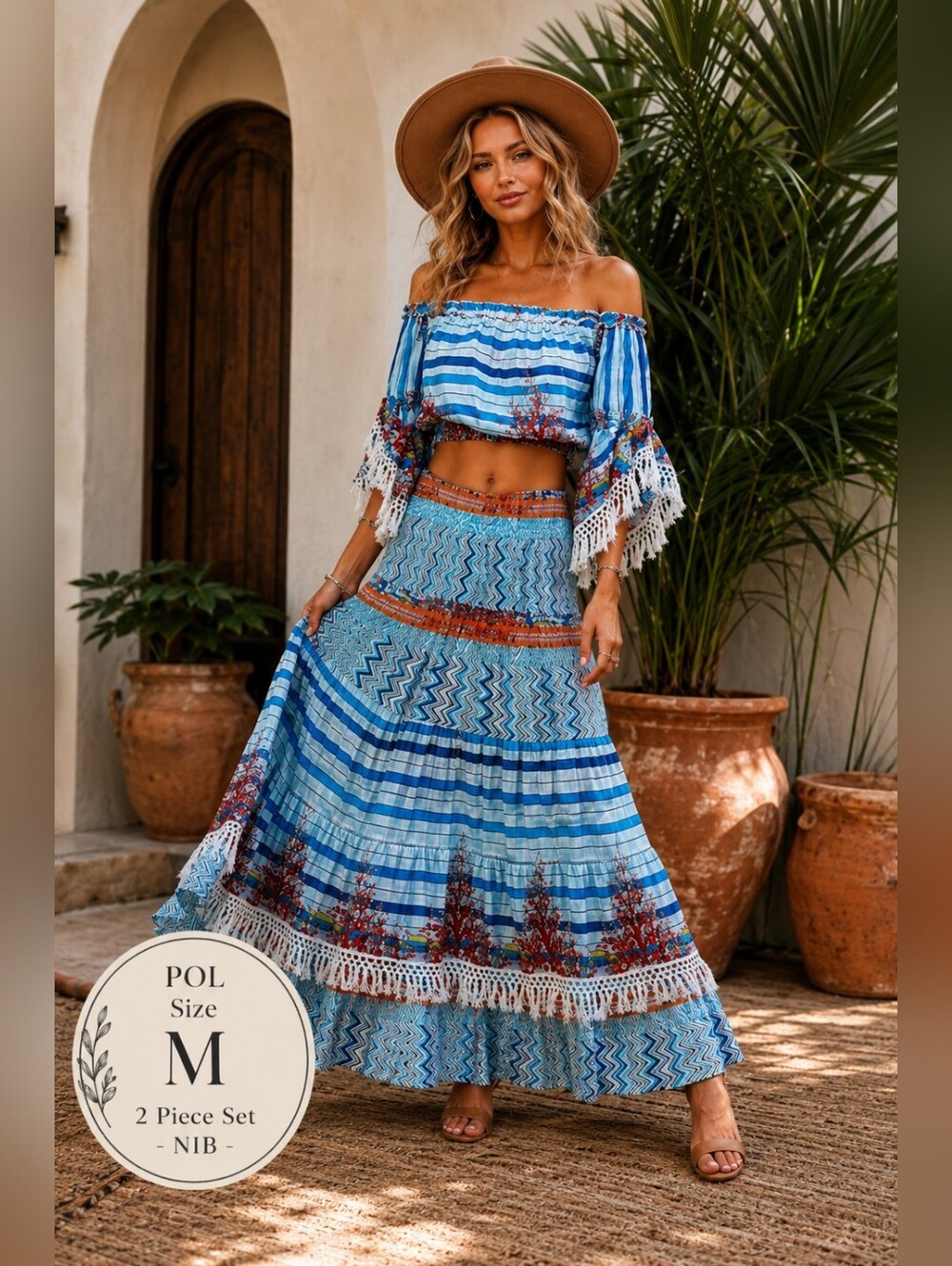POL NWT 2-Piece Off-Shoulder Maxi Skirt Set | Size M | Beach Boho